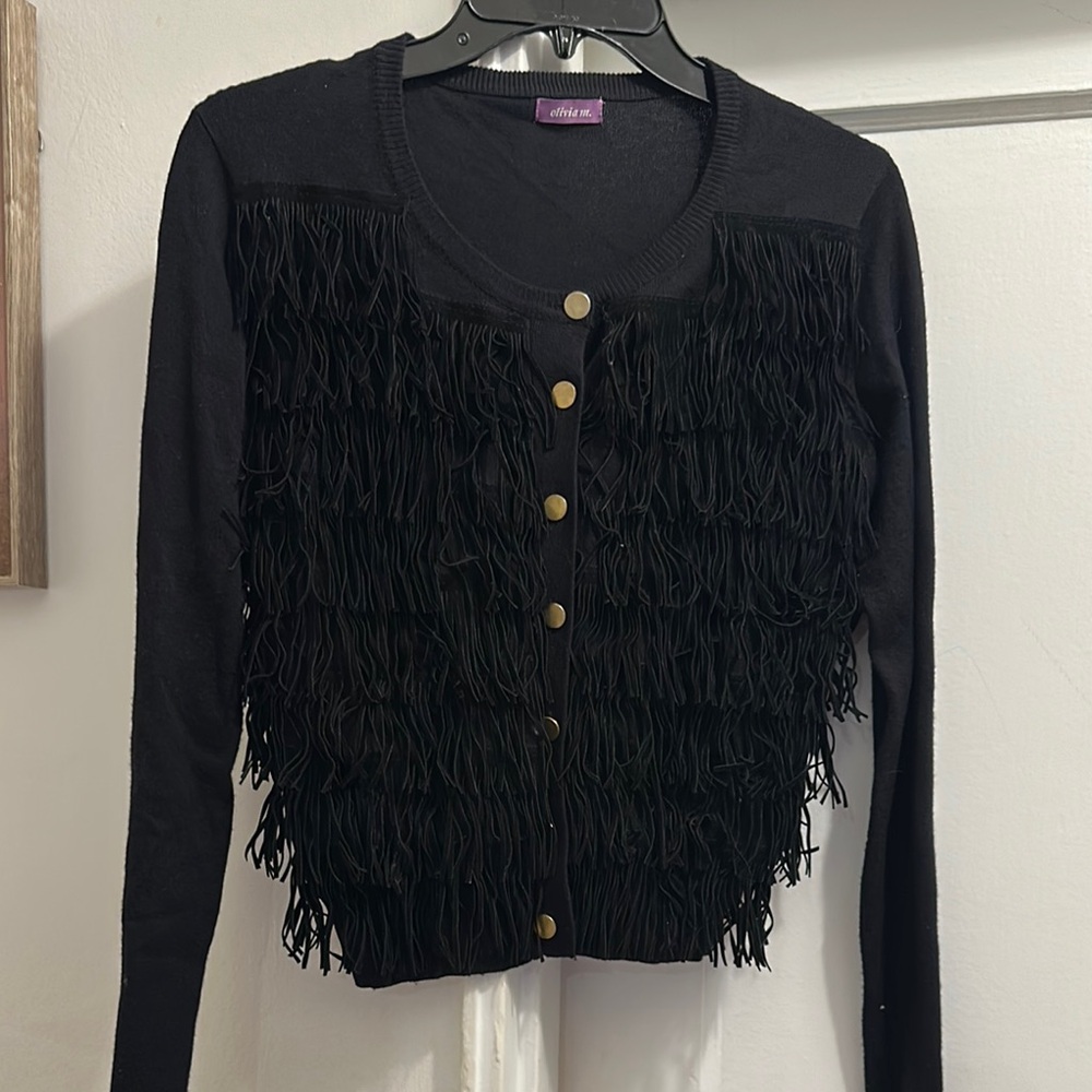 Olivia M Black Fringe Cardigan with Gold Accents - Preloved